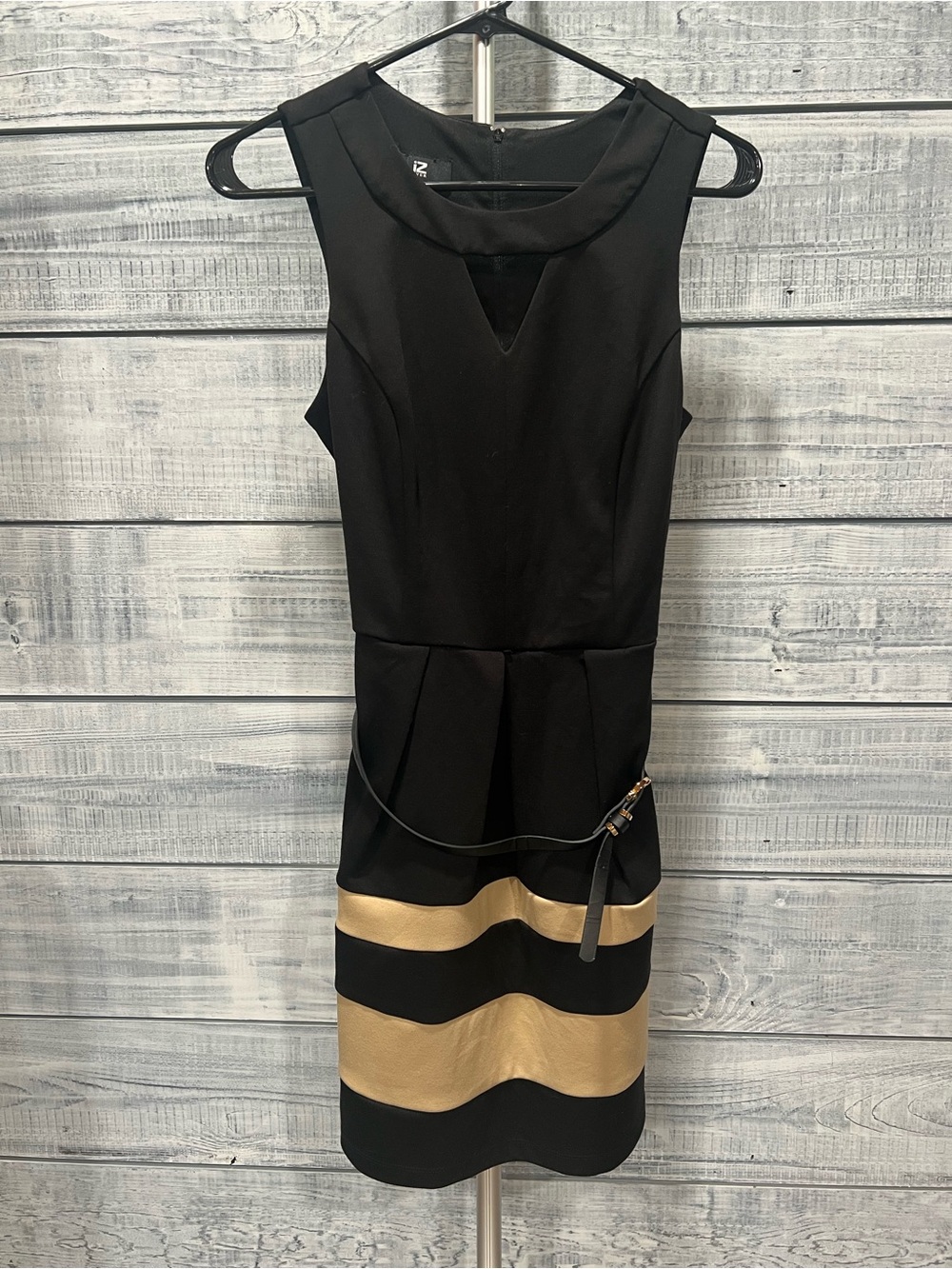 Iz Byer Black and Gold Striped Sleeveless Sheath Dress